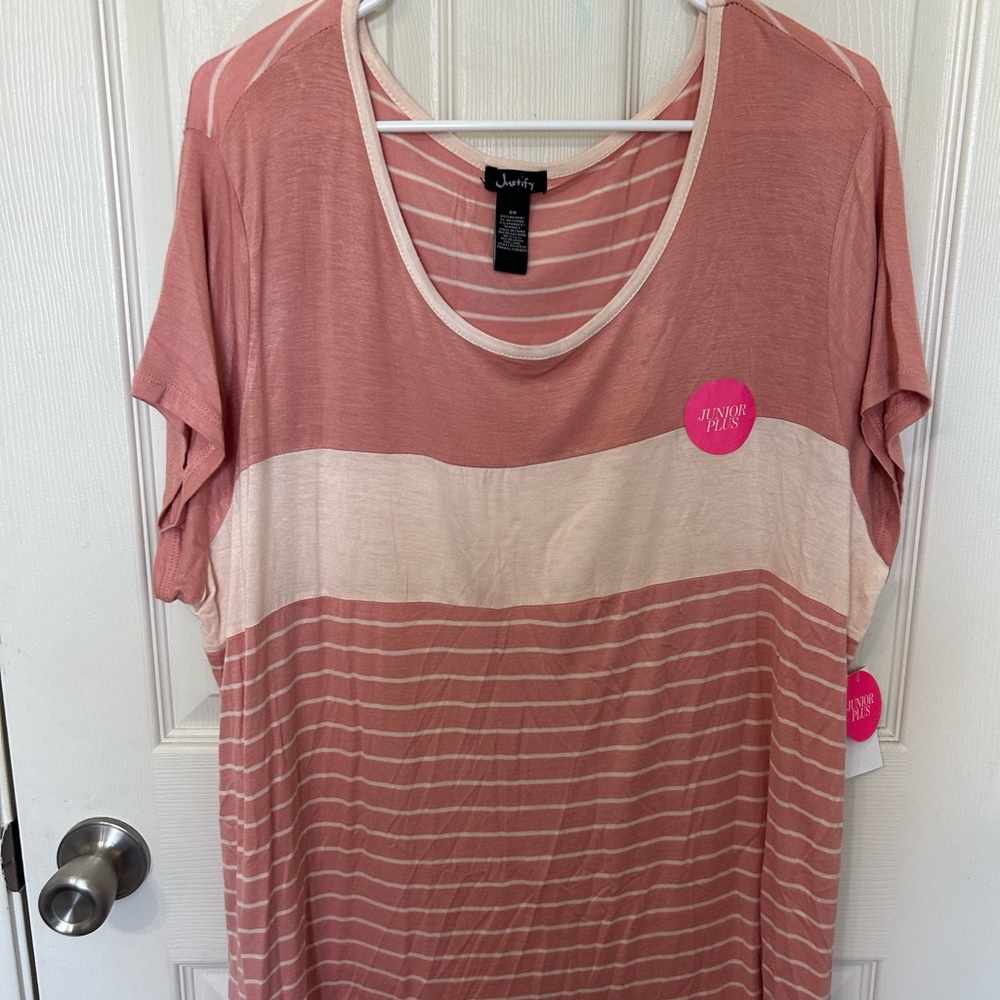 Justify Women's Pink and Cream Striped Short Sleeve Tee